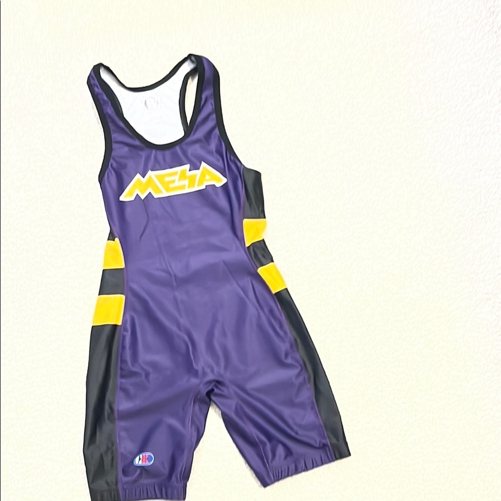Men’s cliff keen Mesa Purple and Yellow Wrestling Singlet: size M